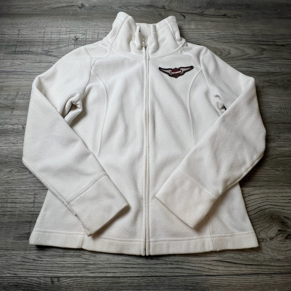 Harley-Davidson Fleece Jacket Womens Large White Full Zip Thumbhole Biker Logo